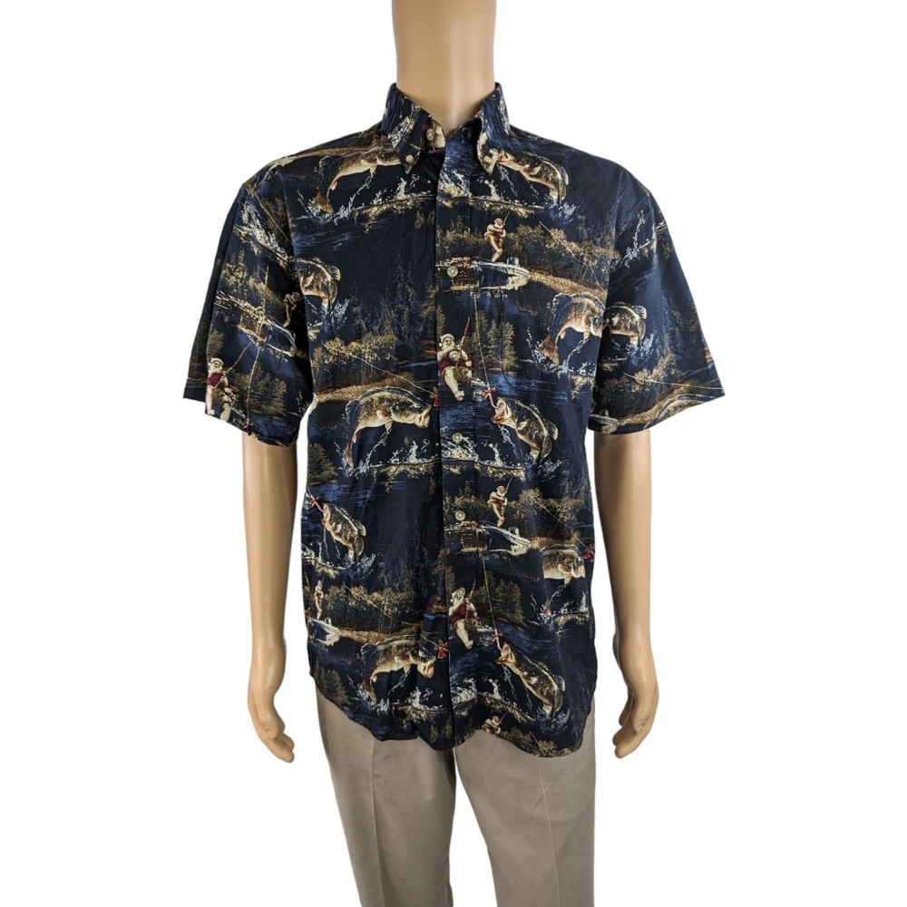 Reel Legends Hawaiian Fishing Santa Novelty Button Down Shirt M